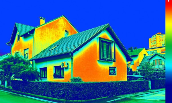 Außenaufnahme einer Wärmebildkamera mit sichtbaren Wärmeverlustzonen © Shutterstock